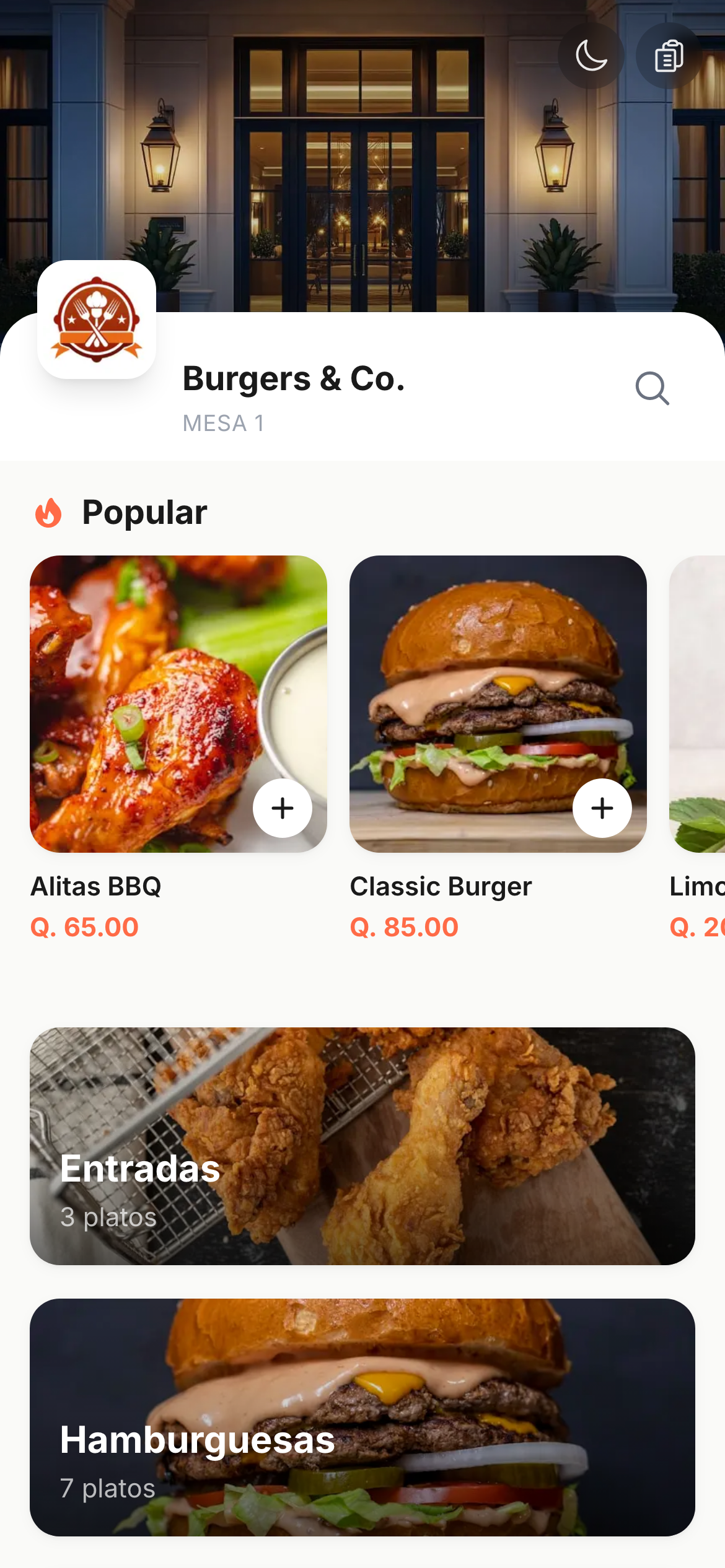 Vista del menú digital de bocapp: categorías de platillos con fotos y precios en Quetzales